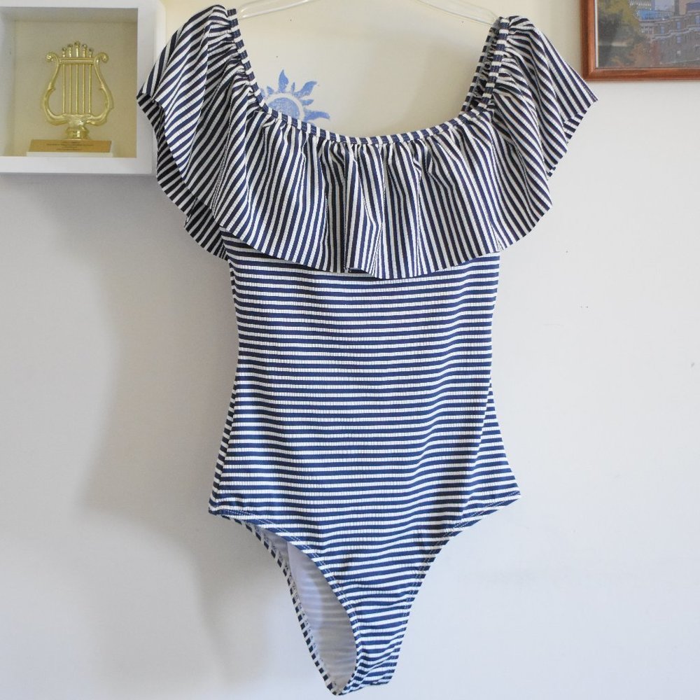 Primark Navy & White Striped Off the Shoulder One Piece Swimsuit